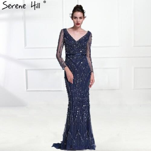 Luxury Pink Navy Blue Beading Mermaid Tulle Evening Dress V-Neck Long Sleeves Elegant Evening Gowns 2020 Real Photo LA6010