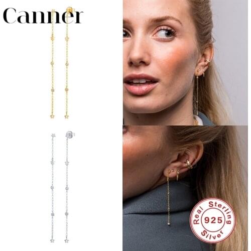 Canner 1pair 925 Sterling Silver Stud Earrings CZ Small Bead Long Line Chain Earrings For Women Fine Jewelry Piercing Aretes W4