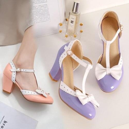 Japanese cute Lolita High Heel Student Shoes sweet round head Coarse Heel Bowknot Princess shoes cos Anime Lolita Shoes