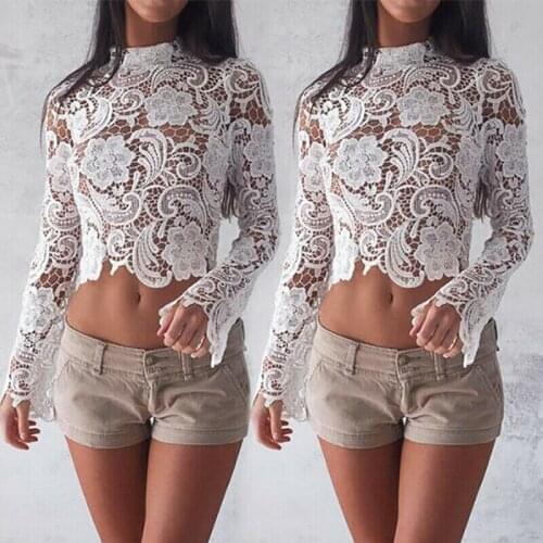 Sexy Flare Sleeve Lace Crochet Blouse Women Long Sleeve White Lace Hollow Out Cropped Shirt Casual Club Crop Top Blusas