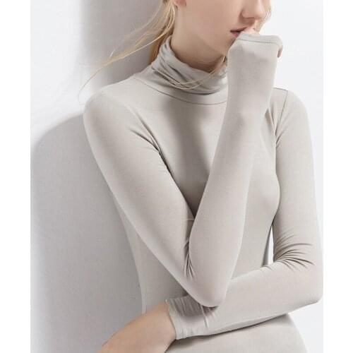 F325A Women Turtleneck T-Shirts Autumn New Solid Color Simple Modal Comfortable Home Basic Casual Daily Solid-Color Skinny Tees