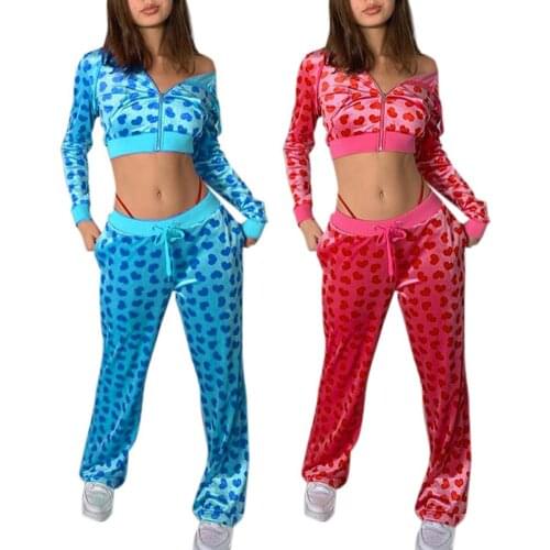 Y2K Women Leisure Wear Set Love Printed Velvet Autumn Jacket Long Sleeve Pullover Hoodie Top with Pants Two-piece Sports Suit