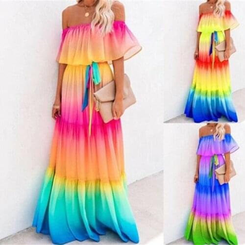 Women Off Shoulder Colors Chiffon Dress Splice Sexy Elegant Lady Belted Ruffles Maxi Evening Long Dresses Party