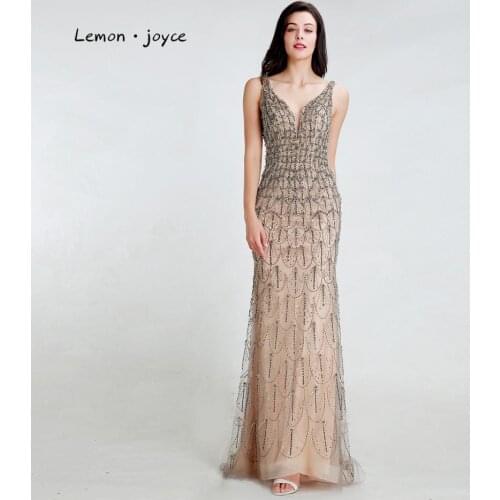 Lemon joyce Elegant Evening Dresses 2020 Sexy V-neck Full Beading Mermaid Evening Gowns robe de soiree Plus Size