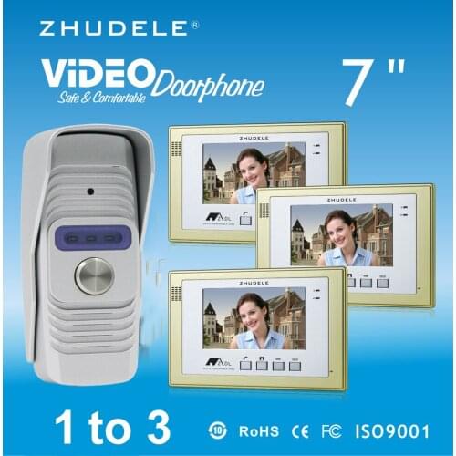 ZHUDELE Luxury 7" Color TFT LCD Monitor Video Door phone Intercom System Doorbell+Waterproof Doorbell 700TVL Smart Camera 1V3