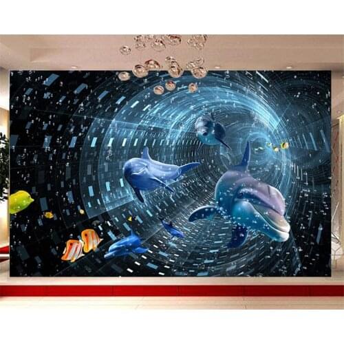 Beibehang Large custom wallpaper science fiction dream stereo dolphin TV background living room bedroom wall decoration