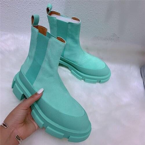 2021 Fashion Women Round Toe Thick Heel Slip-On Runway Botas Mint Green Suede Ankle Boots Mujer Riding Booties