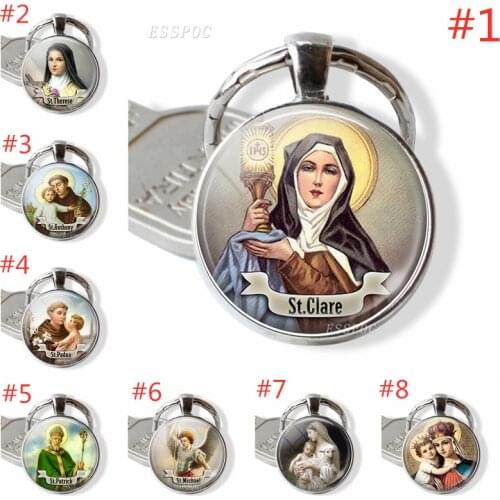 ST THERESE Keychain Religious Medal Saint Keyring Art St Therese Gift Jewelry Religious Cabochon Religious Key Ring Chain