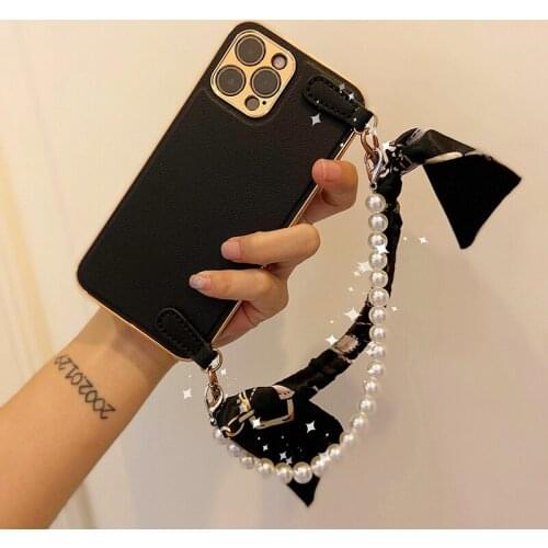 For Iphone 12 Promax Cases Ins Style Womens Premium Luxury Shell for Ip12 Pro Pearl Silk Scarf Wristband Case for Iphone12pro