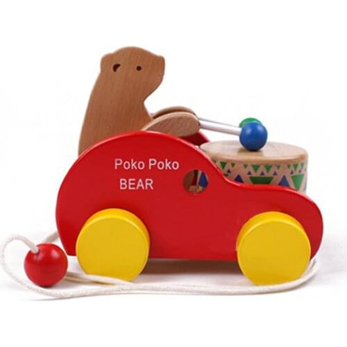 Kids Wooden Bear Pull Carts Toys Musical Instrument Knock Drum Pulling Handcart Walk Along Preschool Toddler Children Boys Girls