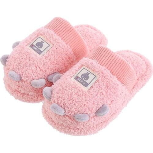 2021 Spring Blue Childrens Cotton Slippers Indoor Pink Lovely Household Warm Slippers for Kids Furry Cute Girls Shoes