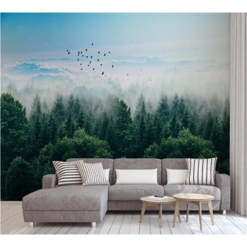 Beibehang Customized Wallpaper 3D Mural Nordic Minimalist Foggy Forest Far Mountain Flying Bird Background Wall Paper Mural