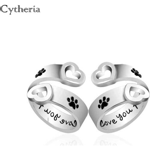 I will love you forever Pet paw prints rings Pet lover Dog Cat Memorial black Enamel Ring men Cute Puppy Paw Ring Jewelry couple