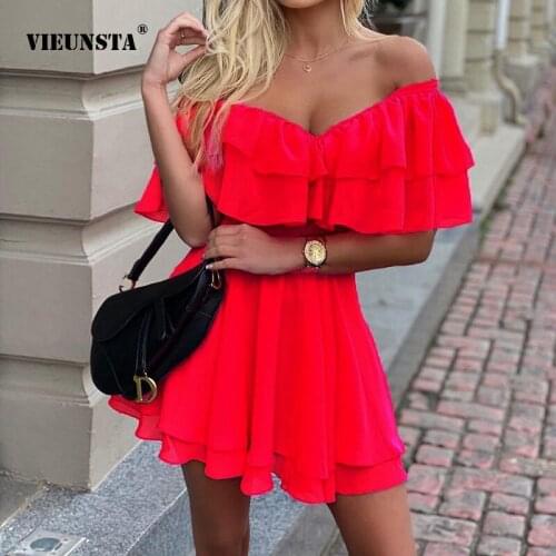 Stacked Ruffles Mini Skirt Sexy V-neck Card Shoulder Short Sleeve Dresses Elegant Womens Summer Autumn Slim Evening Dress 2021