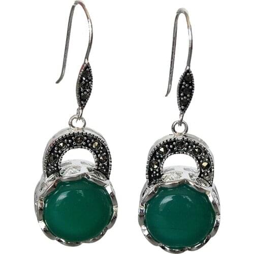 Fashion design New 925 Silver Natural Green Natural jade Marcasite Earrings nice gift