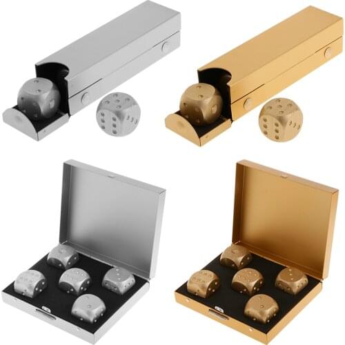 Set of 5 Aluminum Alloy Six Sided Square Silver Dice with Rectangle Box Recreation Toy for Funny Family Kids Game Accessories