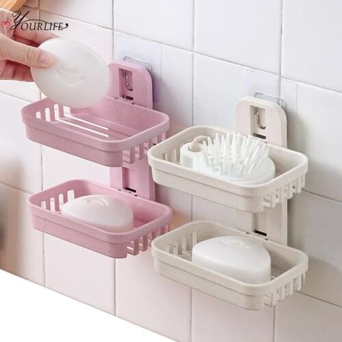 OYOURLIFE Wall Mounted Wheat Straw Soap Holder Bathroom Double Layer Drain Soap Tray Shower Soap Dish Bathroom Accessories