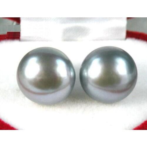 Very Beautiful 11-12mm gray South Sea natural Pearl Earring 14 yellow Gold