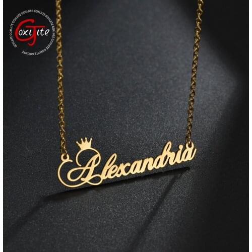 Goxijite Trendy Name Necklace For Women Stainless Steel Cursive Font Crown Initial Name Pendant Necklaces Jewelry Gift
