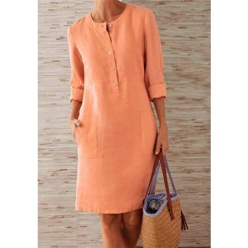 O-neck Long Sleeve Solid Color White Khaki Ladies Knee-Length Dress Cotton Linen Office Lady Elegant Buttons Women Midi Dresses