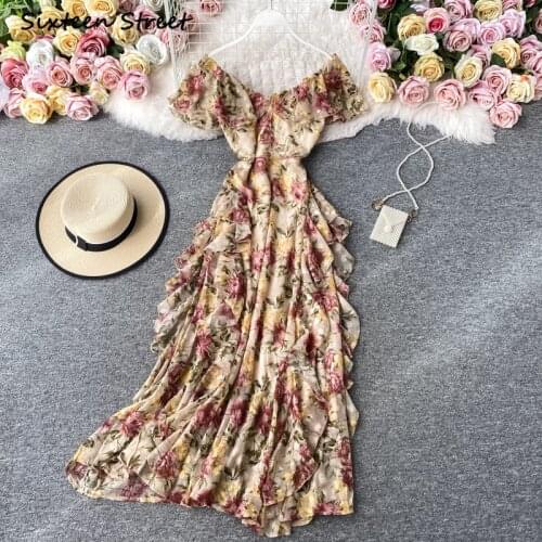 Dresses for Women Summer Sexy Dress Clothing Women Y2k Dress Vintage Flowers Shoulder Chiffon Maxi Vestido De Mujer High Quality