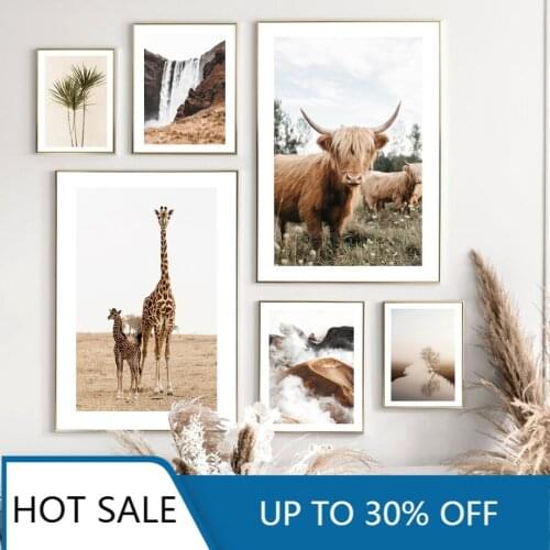 Giraffe Highland Cattle Mountain Waterfall Palm Leaf Nordic Posters Wall Art Prints Canvas Painting Pictures For Home Decoration