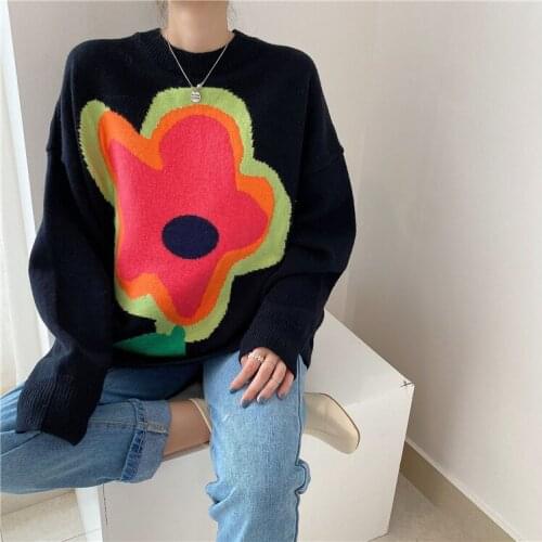 Womens Oversized Sweater Floral Print Long Sleeve Knitted Pullover O-neck Loose Casual Sweater Autumn Ladies Warm Blouse Top