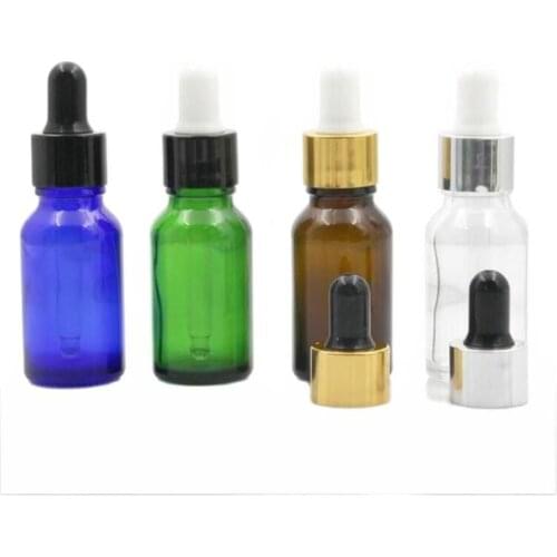 15ml green/blue/brown/clear glass bottle with aluminum collar white black bulb for essential oil serum liquid skin packing