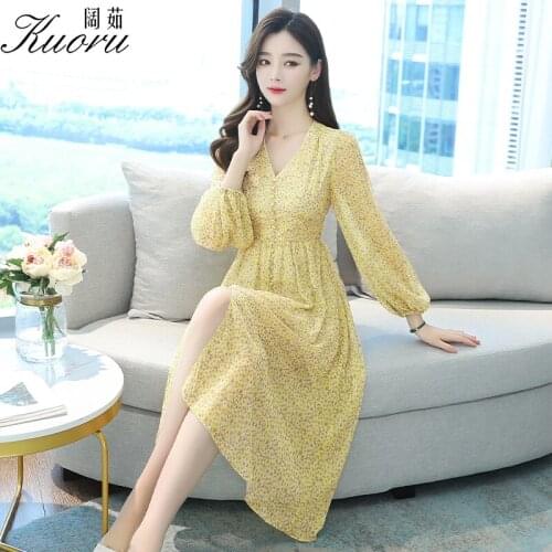 Yellow Women Casual Long Sleeve Dress Autumn Midi Boho Donna Eleganti Spring V Neck Chiffon Vestito Floreale Streetwear Vestidos