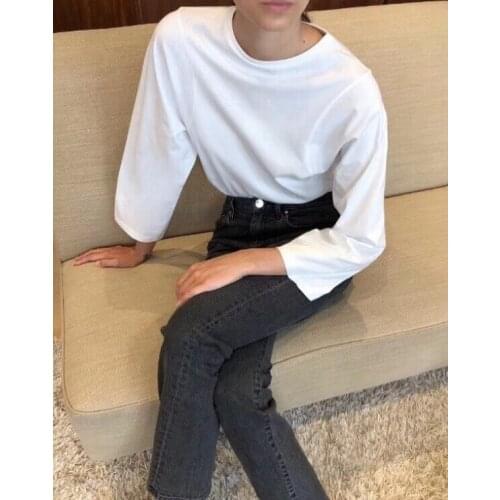 [ElfStyle] - WHITE BLACK STRIPED Espera longsleeve TOPS TEES Front Embroidered FASHION BASIC COTTON TSHIRT FOR WOMAN SUMMER