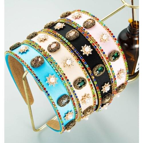 Baroque Colorful Crystal Vintage Imitation Pearl Alloy Inlaid Rhinestones Wide-brimmed Fabric for Women Hair Band Accessories