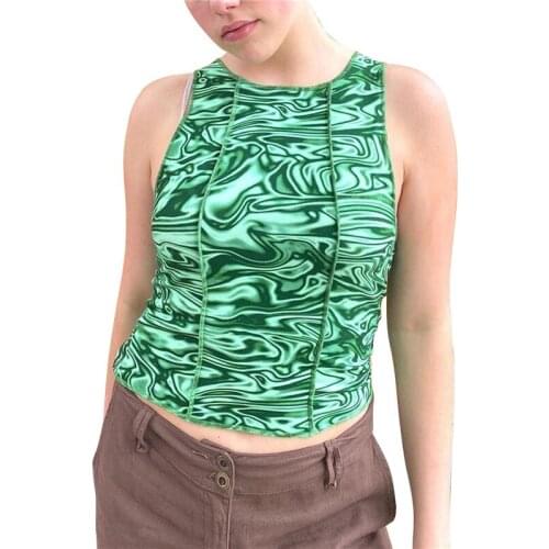 Womens Crew Neck Tank Tops Sleeveless Abstract Liquid Print Slim Fit Stitch Crop Tops Summer Y2K Camisole