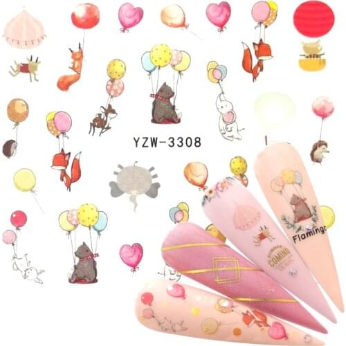 YWK 1 Sheet Transfer Balloon Stickers For Nails Cute Cartoon Animal Sliders For Nails DIY Adhesive Nail Art Tip Decora Wraps