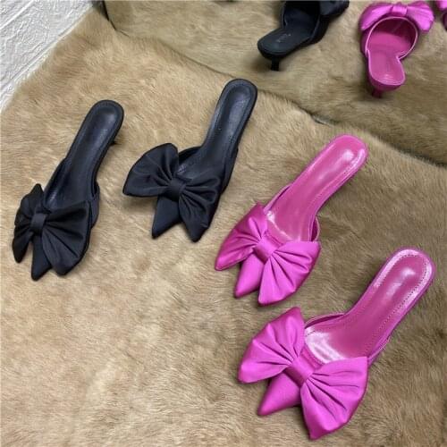 2021 Summer Pointed Stiletto Heel High Heels Bow Lazy Semi Slipper Cat Heel Mules Slippers Women