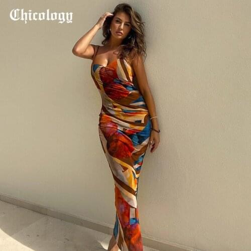 Chicology 2021 Women Autumn Multi Block Print Off Shoulder V Neck Sexy Bodycon Straight Midi Fashion Elegant Party Dress