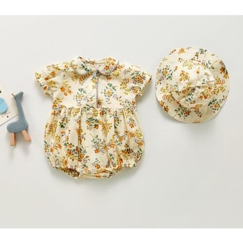Summer New Kids Girls Floral Pattern Short Sleeve Romper With Hat