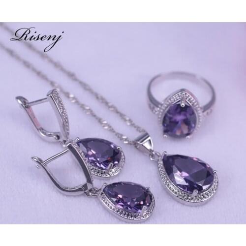 Many Colors Purple Crystal Silver Color Jewelry Big Water Drop Square Bridal Jewelry Earrings Necklace Ring Set