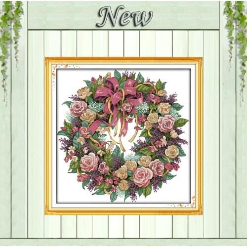 A wreath of roses flowers paintings counted printed on canvas needlework embroidery Sets DMC 11CT 14CT Chinese Cross Stitch kits