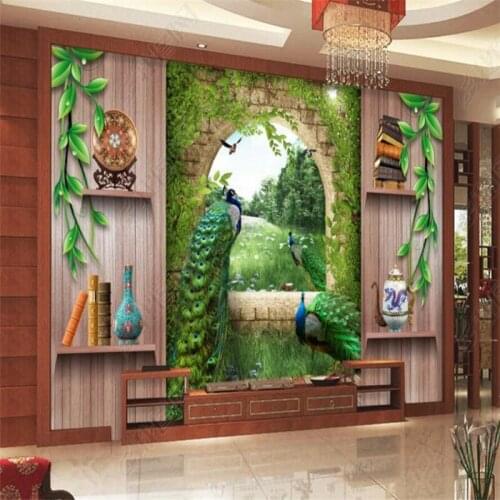 Custom Size European Peacock Palace Wood Board 3D Wall Papers Home Decor Mural Bedroom Self-adhesive Wallpaper Papel De Parede