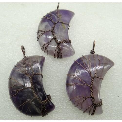 Natural stone Quartz Crystal Pendant Tree Of Life Reiki Moon Shape Polished Mineral Jewelry Healing Stone Men Women Jewelry 1pc