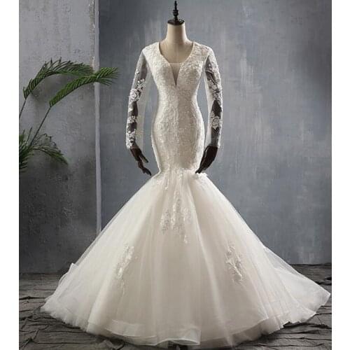 2020 New Designs Wholesale Small Train V-Neck Long Sleeve Backless Lace Vintage Trumpet Wedding Gown Dress Bridal Mermaid