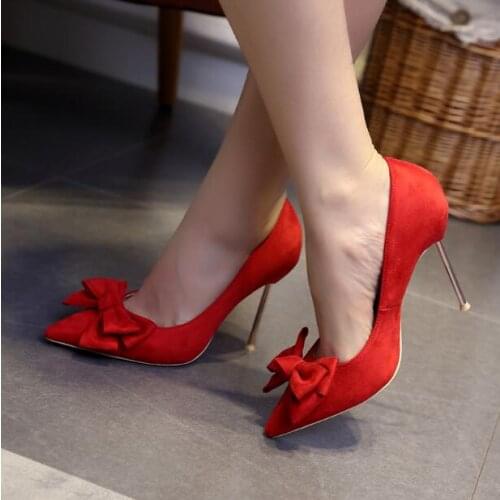 Sexy 10cm Metal Heel Suede Bowtie Pointed Toe High Heels Lady Shoes Women Slip On Thin Heel Office Dress Shoes Fashion Pumps