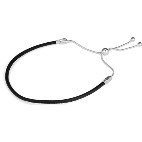 CKK Silver 925 Jewelry Sliding Black Leather Bracelet Fits Original Beads and Charms Sterling Silver Making