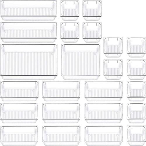 SHGO HOT-24 PCS Drawer Organizer Plastic Makeup Drawer Organizer 5 Size Silverware Drawer Organizer Versatile Office Storage