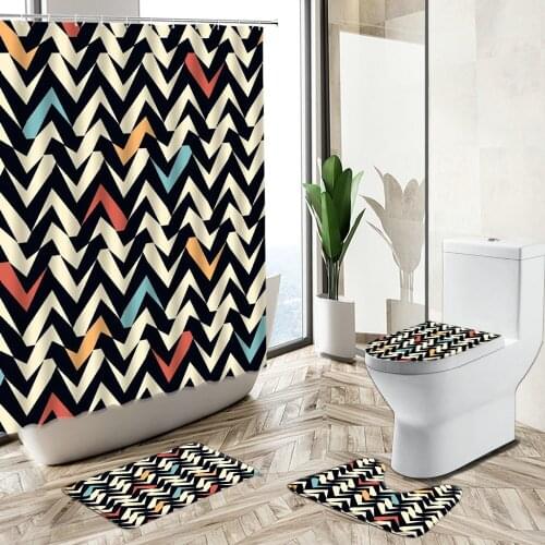 Modern Simple Geometric Striped Shower Curtain Colorful Art European Style Non-Slip Carpet Toilet Cover Floor Mat Set Washable