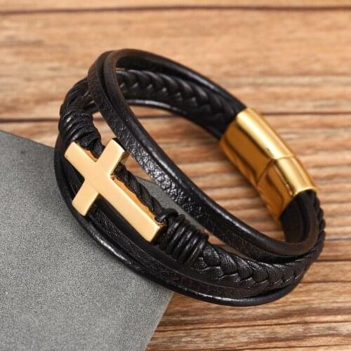 Jewelry Stainless Steel Cross Mens Bracelet Multi-layer Woven Bracelet Men Jewelry Stainless Steel Bracelet