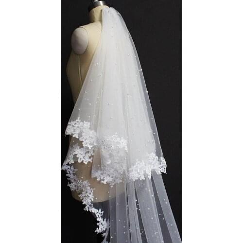 Pearls Wedding Veil with Lace 2 Layers Cover Face Pearls Bridal Veil 3.5 Meters Long Veil with Blusher Wedding Accessories