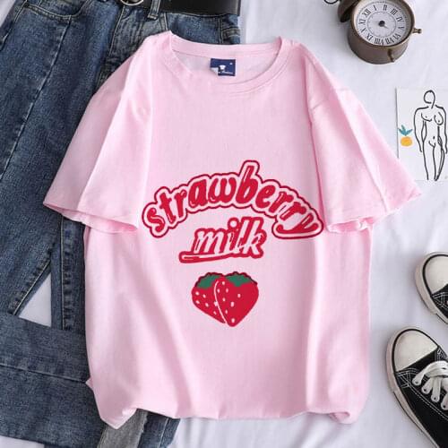 Japan Strawberry Milk Graphic Print T-shirt Women Harajuku Aesthetic Pink Tops Tshirt 2021 New Summer Fashion Y2k Female T Shirt