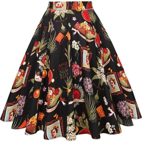SISHION 50s 60s Swing Rockabilly Cotton Black Skirt VD0020 High Waist A Line 2021 Summer Vintage Runway Floral Skirts Womens