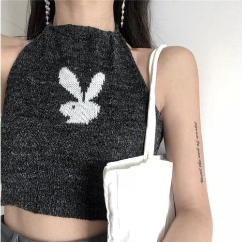 2021 summer womens shirts cute rabbit embroidery knit tops strapless backless black short strapless fashion ladies vest